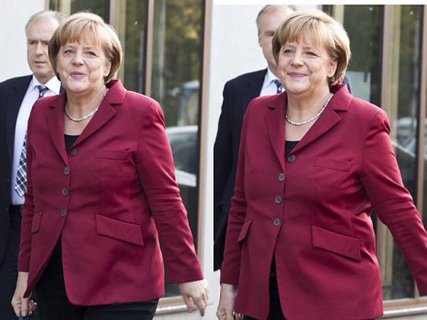 Merkel in Schwarz-Rot gekleidet